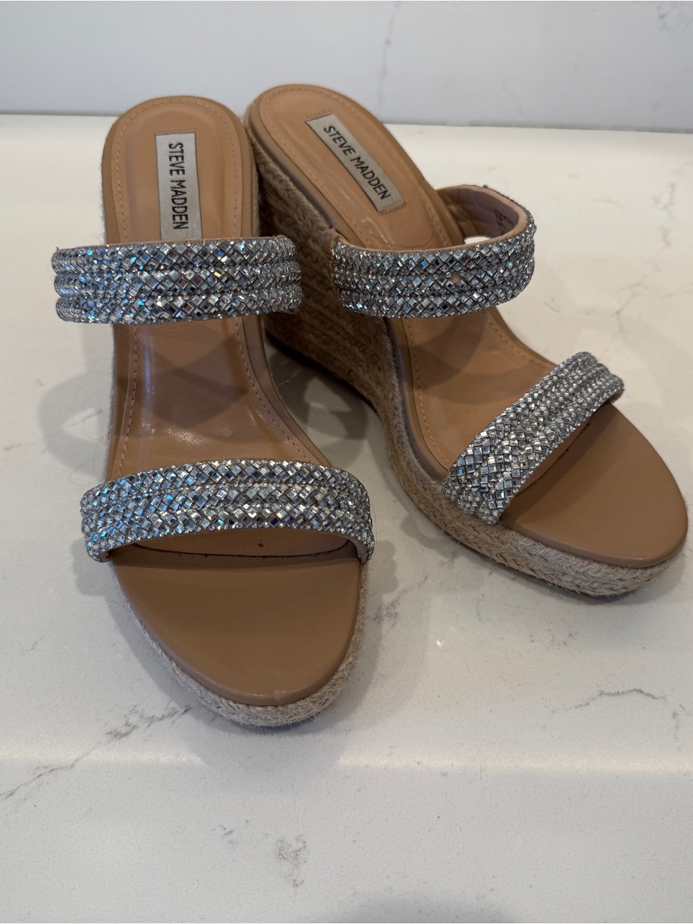 Steve Madden Tan Espadrille Wedges with Silver Crystal Straps